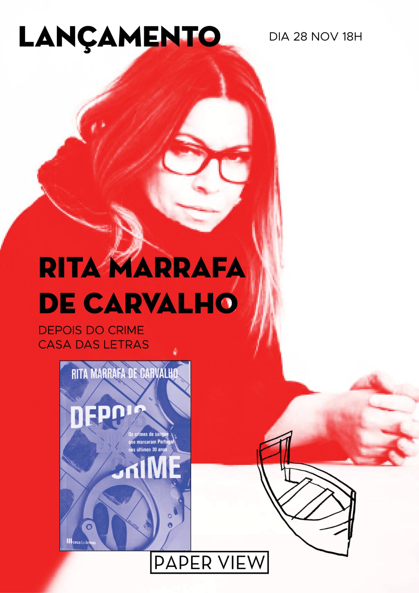 Cartaz Paper View do lançamento do livro Depois do Crime da Rita Marrafa de Carvalho