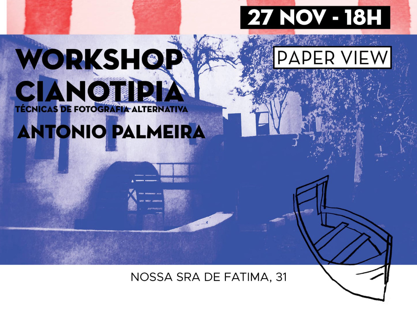 Cartaz Paper View da workshop de cianotipia com Antonio Palmeira